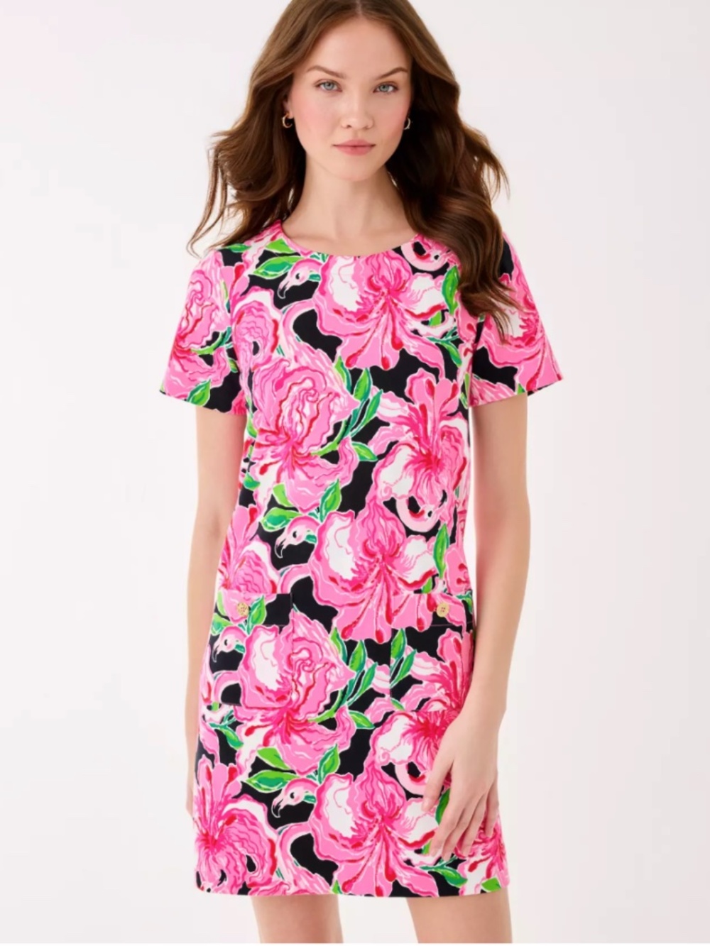 Lilly Pulitzer Mattison Shift Dress with Pink Peonies and Flamingos CUTE & COMFY